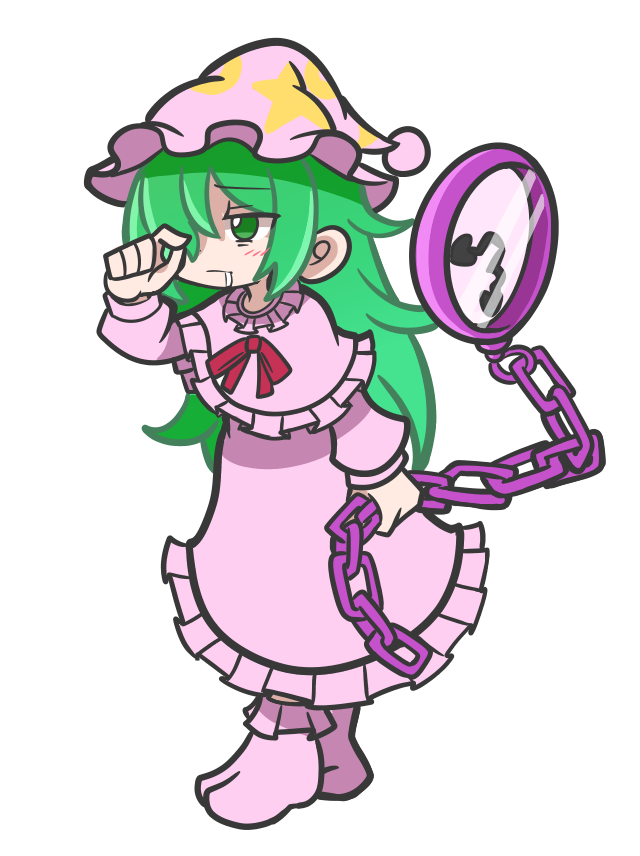 1girl, capelet, chain, clock, dress, full_body, green_eyes, green_hair