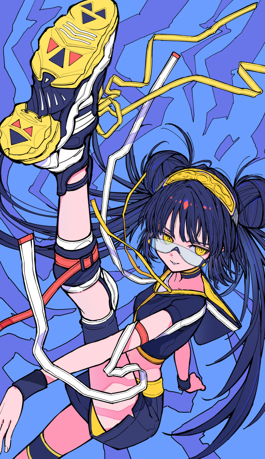 1girl, armband, black_armband, blue_hair, blue_shorts, commentary, cropped_shirt, double_bun