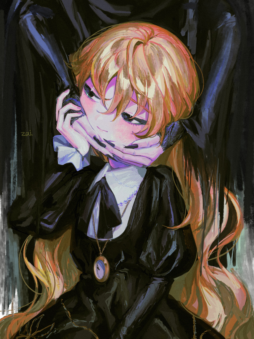1girl, 1other, artist_name, behind_another, black_background, black_dress, black_eyes, black_nails