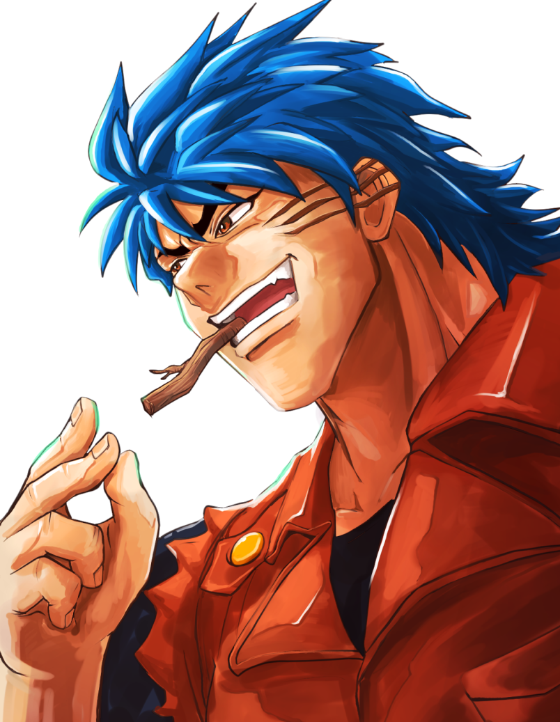 1boy, black_undershirt, blue_hair, branch_in_mouth, brown_eyes, collar, commentary, looking_to_the_side