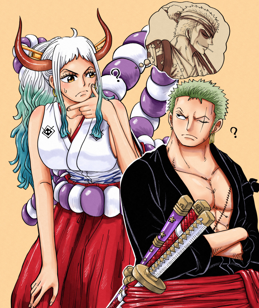 1girl, 2boys, ?, absurdres, closed_mouth, crossed_arms, curled_horns, earrings, green_hair, hair_bun, hair_ornament, hair_stick, high_ponytail, highres, hoop_earrings, horns, japanese_clothes, jewelry, katana, long_hair, looking_at_another, multicolored_hair, multicolored_horns, multiple_boys, one_eye_closed, one_piece, oni, oni_horns, open_clothes, ponytail, red_sash, riku_(rikuw223xx), rope, roronoa_zoro, sash, scar, scar_across_eye, scar_on_chest, scar_on_face, shimenawa, shimotsuki_ushimaru, short_hair, single_hair_bun, smile, sword, thinking, traditional_clothes, weapon, yamato_(one_piece)