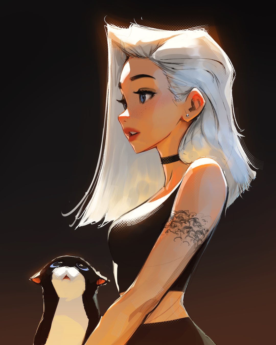 1girl, animal, arm_tattoo, black_choker, black_shirt, blue_eyes, bruce_(sam_yang), cat