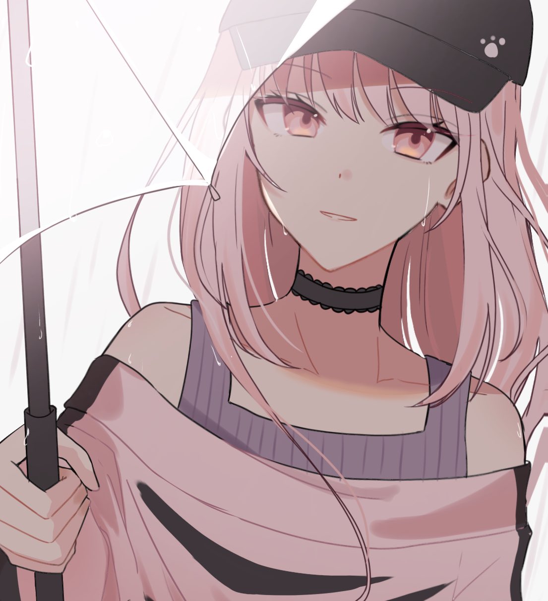 1other, akiyama_mizuki, androgynous, baseball_cap, black_choker, black_headwear, choker, commentary, hair_down, hat, highres, holding, holding_umbrella, looking_at_viewer, official_alternate_costume, official_alternate_hair_length, official_alternate_hairstyle, parted_lips, paw_print, pink_eyes, pink_hair, project_sekai, rain, solo, suiu, transparent, transparent_umbrella, umbrella, upper_body, white_background