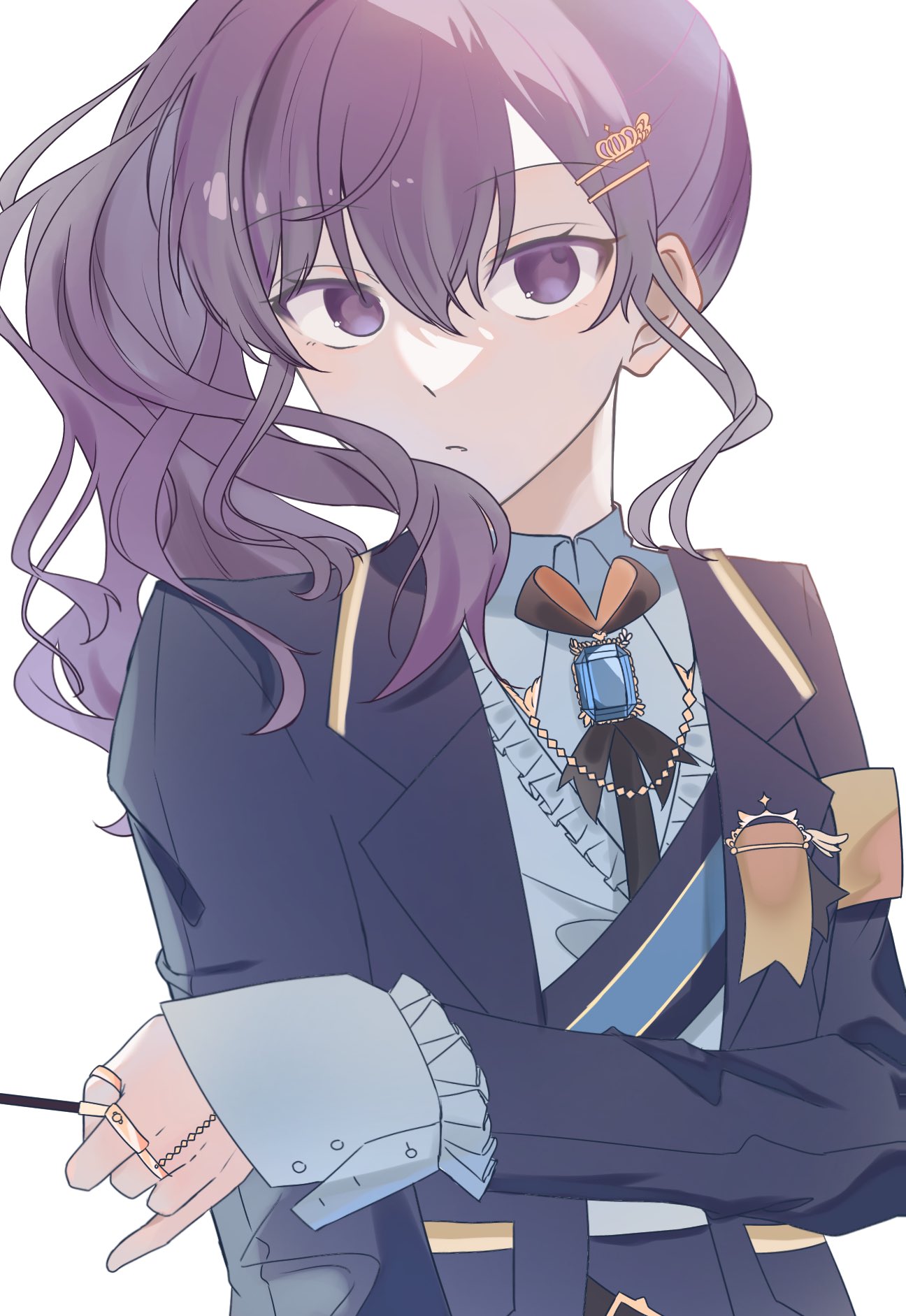 1girl, asahina_mafuyu, commentary, gem, hair_ornament, hairpin, hand_on_own_arm, highres