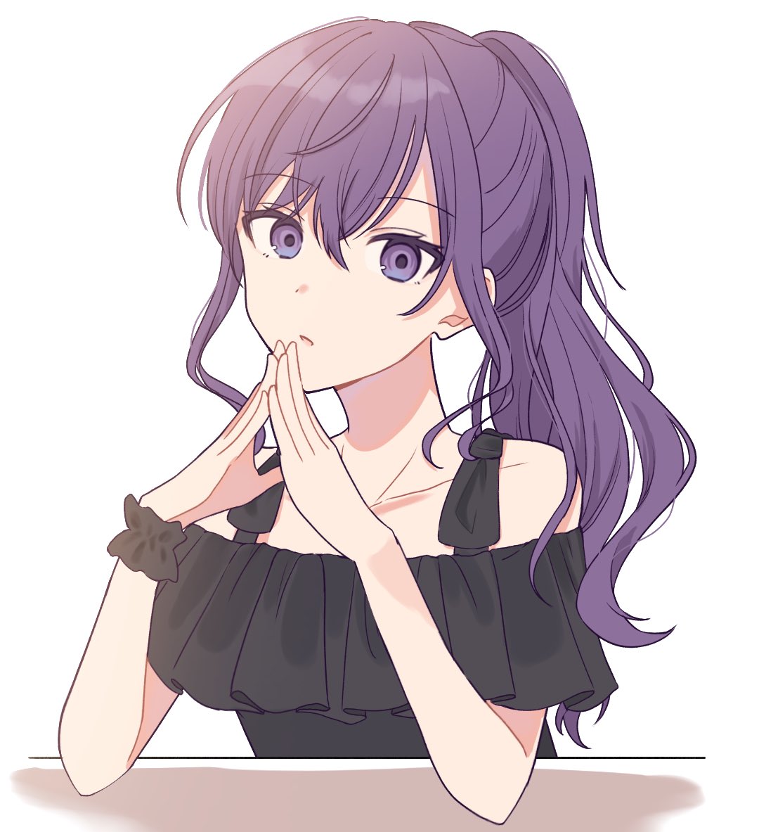 1girl, asahina_mafuyu, black_shirt, commentary_request, hands_up, long_hair, looking_at_viewer, off-shoulder_shirt