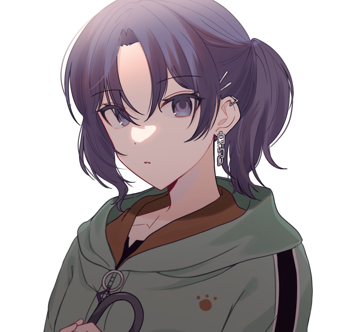 1girl, asahina_mafuyu, bokutachi_no_seizon_tousou_(project_sekai), commentary, ear_piercing, earrings, hair_ornament, hairpin