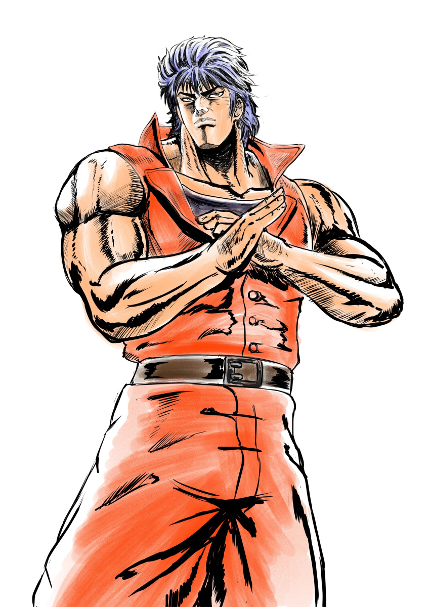 1boy, absurdres, belt, biceps, black_eyes, black_undershirt, blue_hair, brown_belt