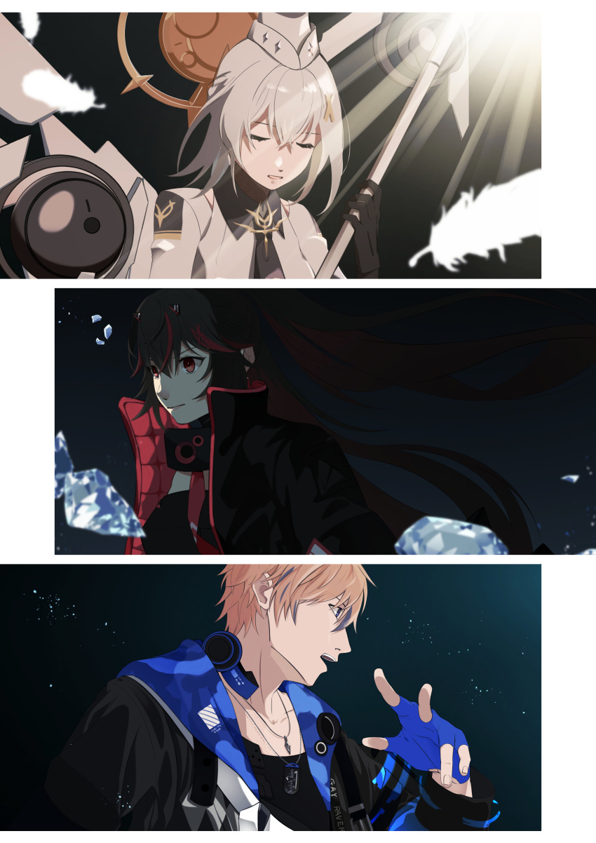 1boy, 2girls, absurdres, black_gloves, black_hair, black_jacket, black_necktie, blue_gloves