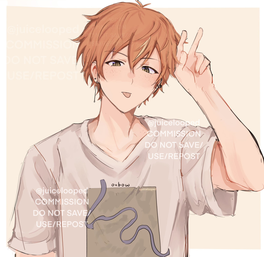 1boy, arm_at_side, blonde_hair, commentary, commission, earrings, english_commentary, green_eyes