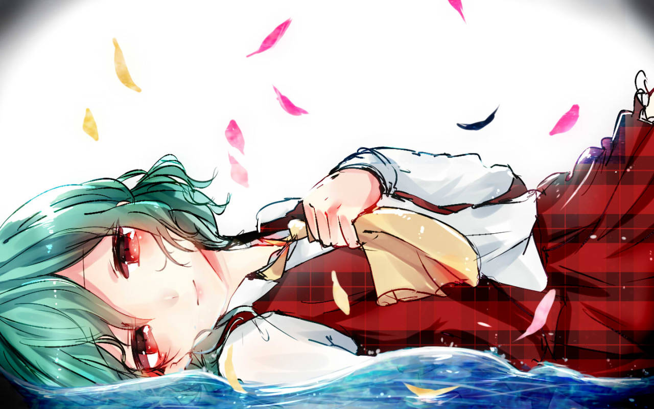 1girl, ascot, closed_mouth, falling_petals, frilled_skirt, frills, from_side, green_hair, half-closed_eyes, holding_ascot, kazami_yuuka, long_sleeves, looking_at_viewer, lying, on_back, one-hour_drawing_challenge, open_clothes, open_vest, partially_submerged, petals, plaid, plaid_skirt, plaid_vest, red_eyes, red_skirt, red_vest, shirt, short_hair, skirt, skirt_set, smile, suzune_hapinesu, touhou, vest, water, white_background, white_shirt, yellow_ascot