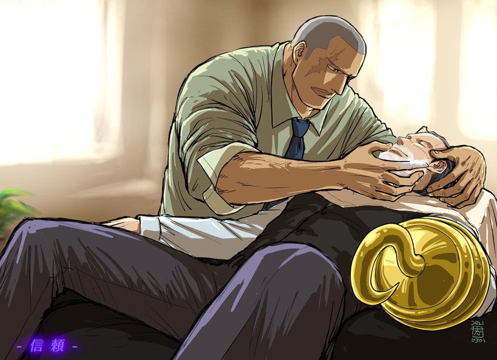 2boys, ascot, barber, black_hair, buzz_cut, cigar, closed_eyes, collared_shirt, crocodile_(one_piece), dark-skinned_male, dark_skin, daz_bones, devil_fruit_power, feet_out_of_frame, hair_slicked_back, hook_hand, kokorozashi, lying, male_focus, mature_male, multiple_boys, on_back, one_piece, scar, scar_across_eye, scar_on_face, scar_on_nose, shaving, shaving_beard, shirt, short_hair, sleeves_rolled_up, smoking, spread_legs, stitches, very_short_hair