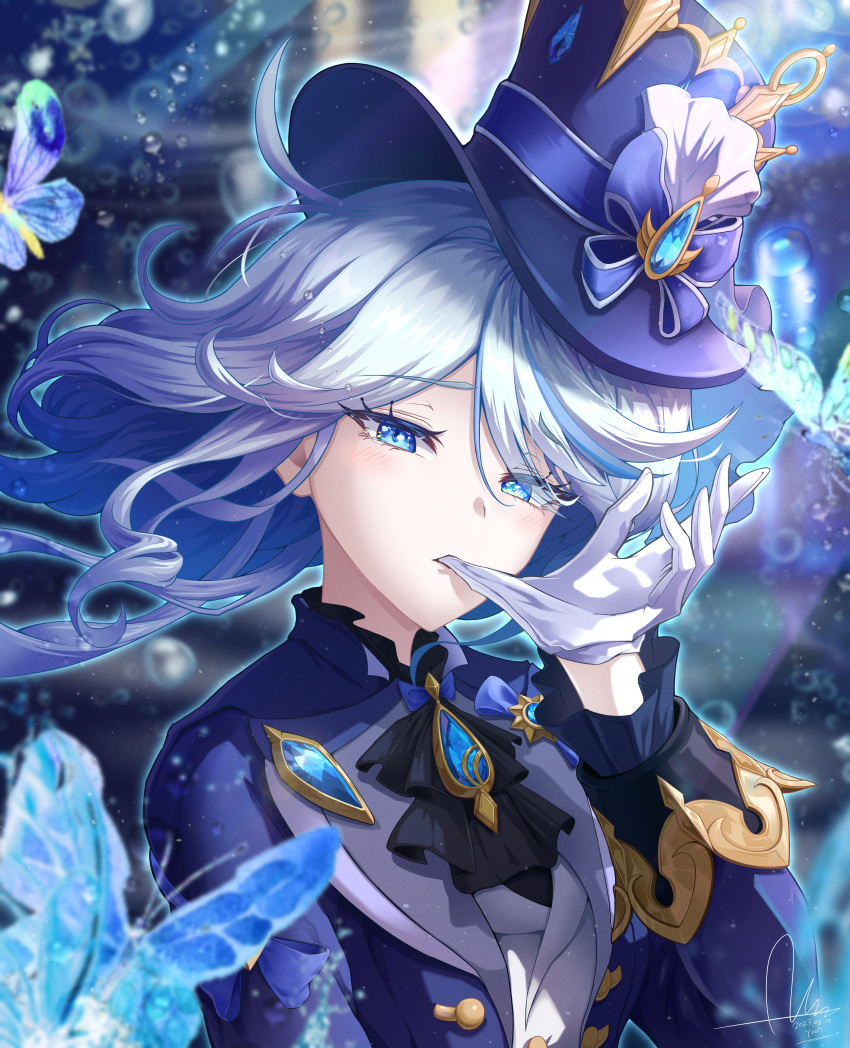 1girl, absurdres, ascot, black_ascot, blue_bow, blue_eyes, blue_hair, blue_headwear