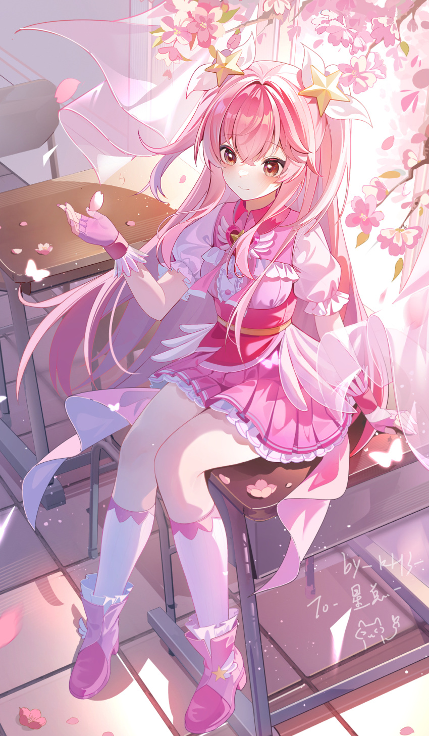 1girl, 2015, balala_the_fairies, balala_the_fairies:_miracle_dance, blush, boots, bow, cherry_blossoms, classroom, closed_mouth, desk, dress, fingerless_gloves, floating_hair, full_body, gloves, hair_between_eyes, hair_bow, hair_ornament, highres, indoors, kneehighs, layered_dress, ling_mei_xue, long_hair, magical_girl, miaogujun, orange_eyes, pink_dress, pink_footwear, pink_gloves, pink_hair, pleated_dress, precure, puffy_short_sleeves, puffy_sleeves, red_eyes, shirt, shoes, short_dress, short_sleeves, sitting, sitting_on_chair, skirt, smile, socks, solo, spring_(season), star, star_(symbol), star_hair_ornament, twintails, very_long_hair, white_bow, white_sleeves, white_socks