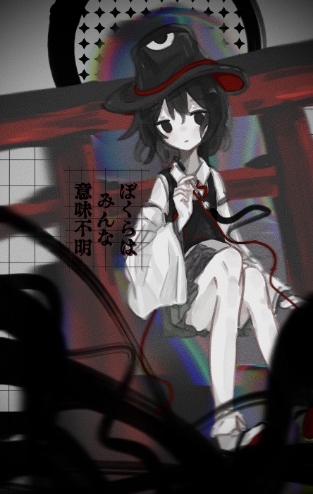 1other, abstract_background, androgynous, black_coat, black_eyes, black_hair, black_headwear, bow