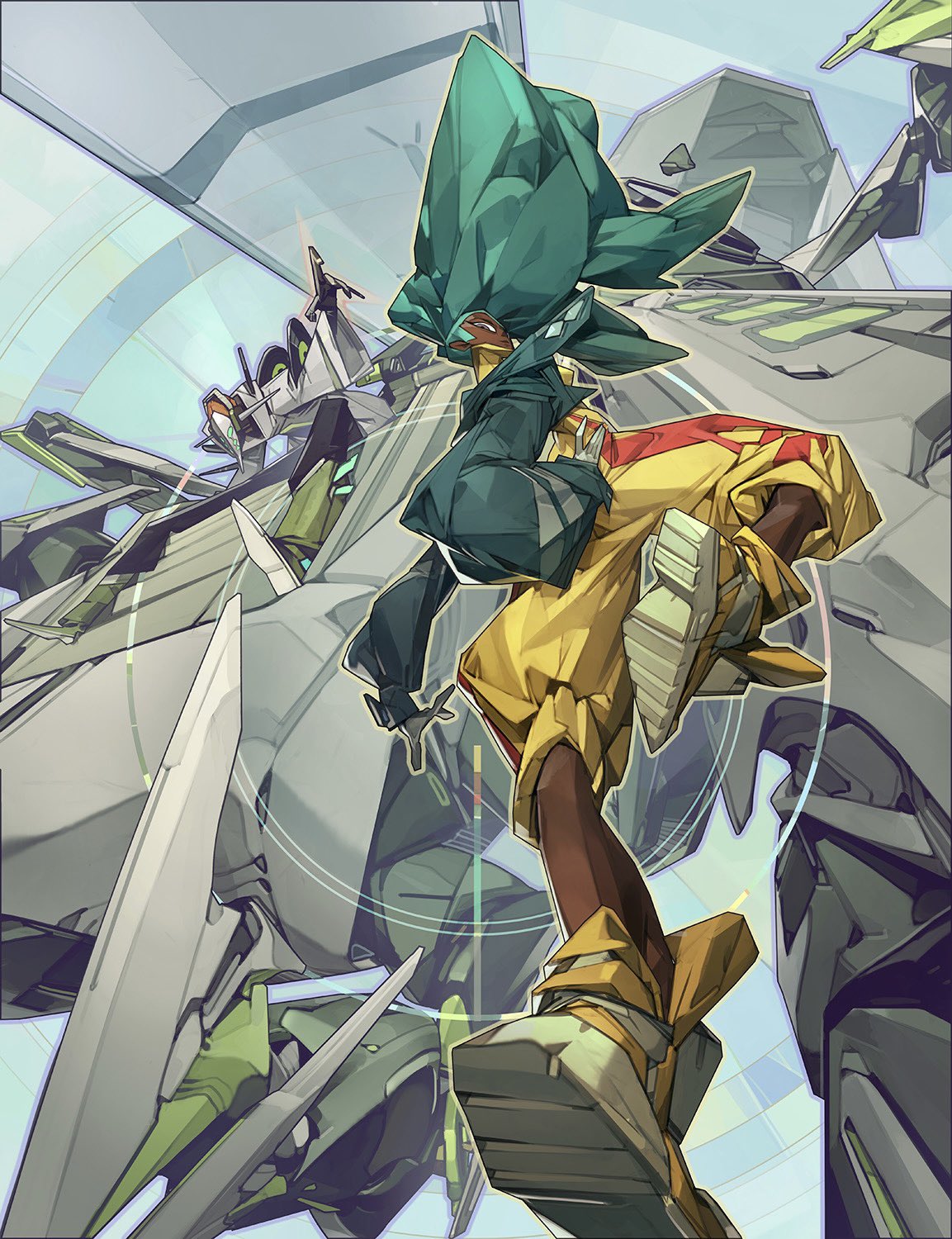 1boy, 1girl, afro, black_pants, blue_background, blue_hair, blue_jacket, bomb_rush_cyberfunk