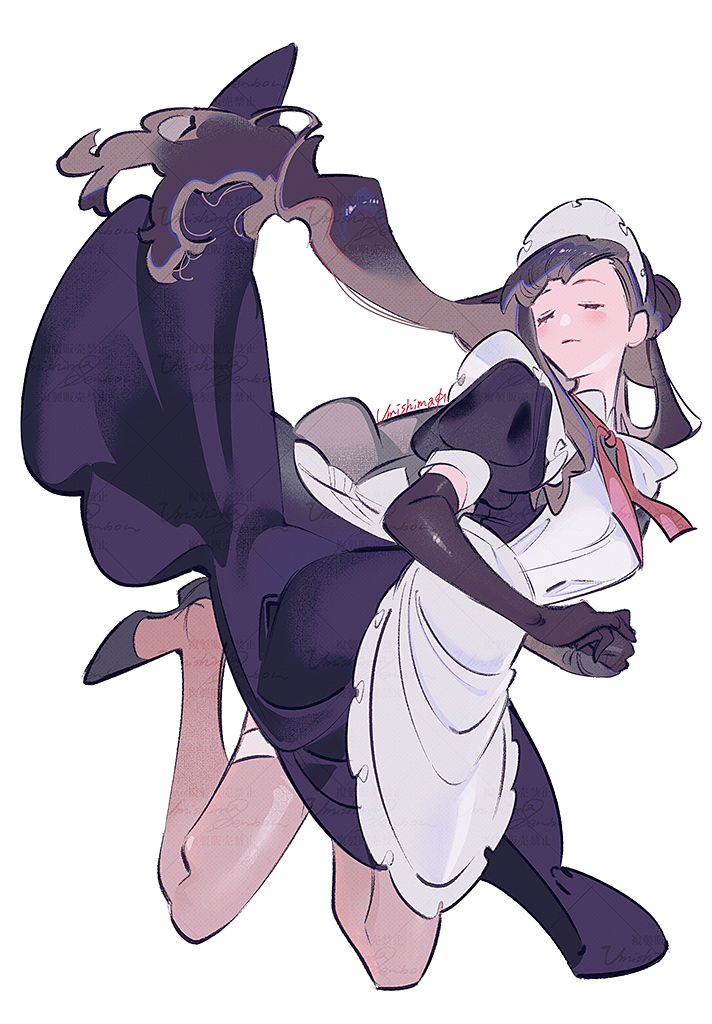 1girl, apron, bandaged_leg, bandages, black_dress, black_footwear, black_gloves, bonnet