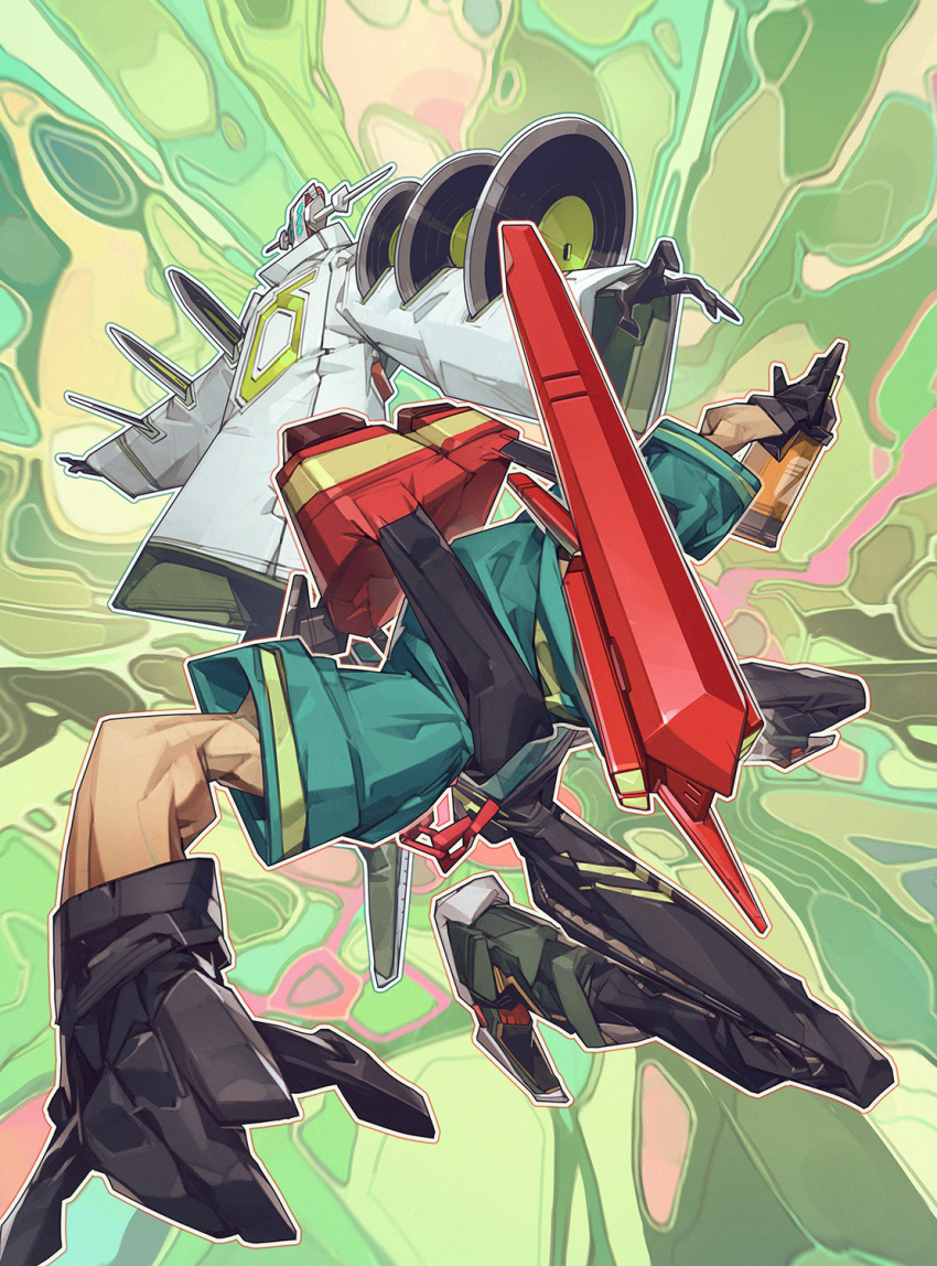 2boys, black_gloves, black_pants, bomb_rush_cyberfunk, chain, coat, cyberhead, cyborg