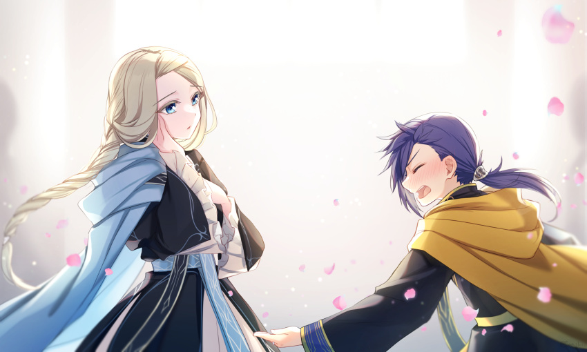 1boy, aged_down, blonde_hair, blue_cape, blue_eyes, cape, closed_eyes, confession, florencia_(honzuki_no_gekokujou), hetero, highres, honzuki_no_gekokujou, long_sleeves, ponytail, san+, sylvester_(honzuki_no_gekokujou), yellow_cape