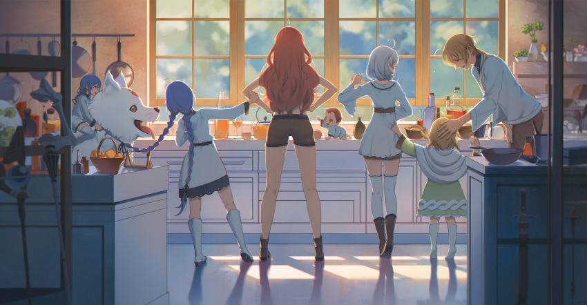 2boys, 4girls, absurdres, ahoge, ars_greyrat, blue_hair, boots, bottle