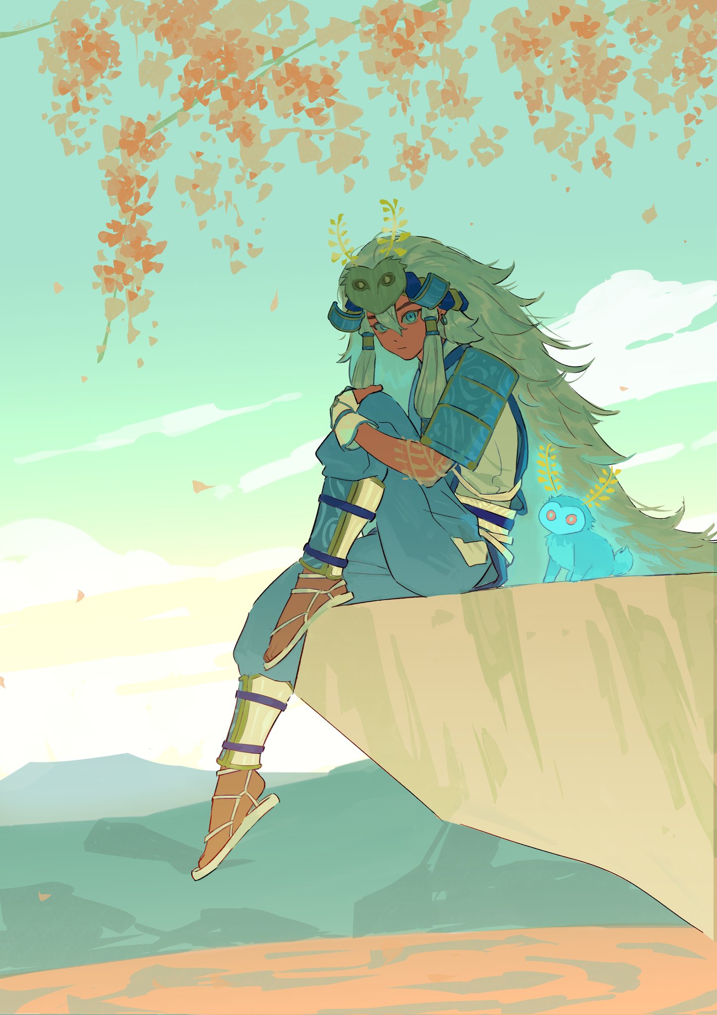 1boy, antennae, armor, blue_eyes, blue_pants, branch, cliff, closed_mouth