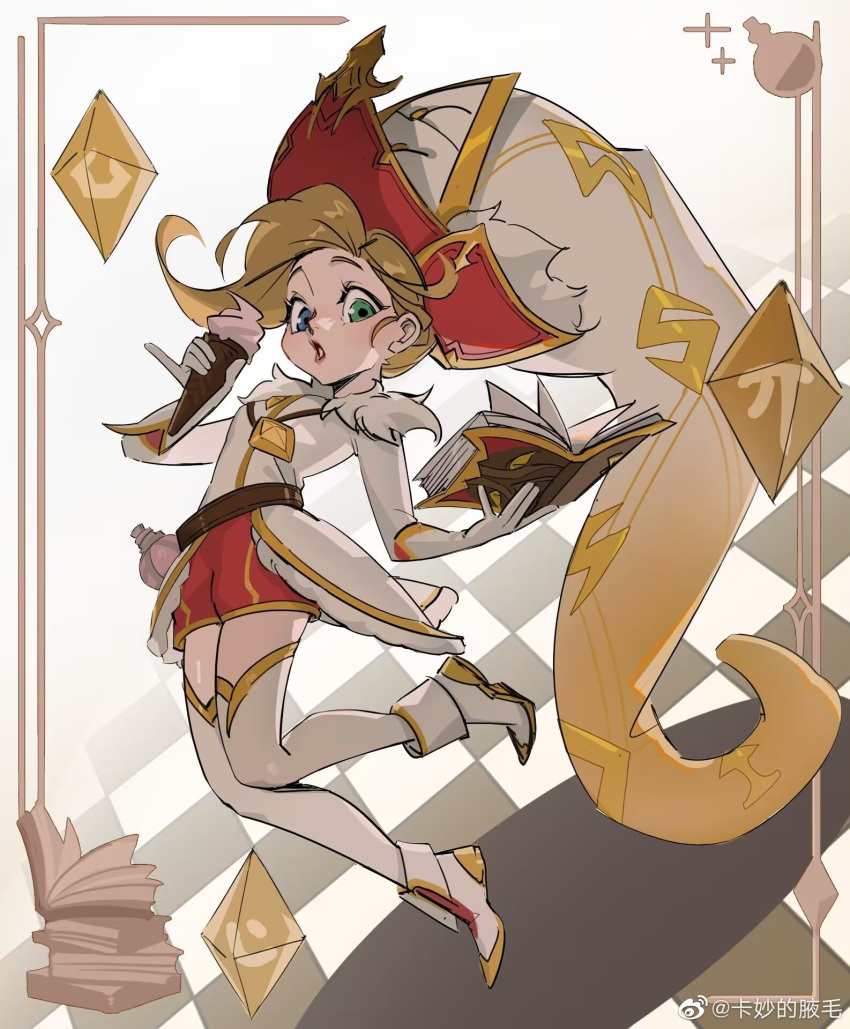 1girl, artist_name, blonde_hair, blue_eyes, book, book_stack, coat, food