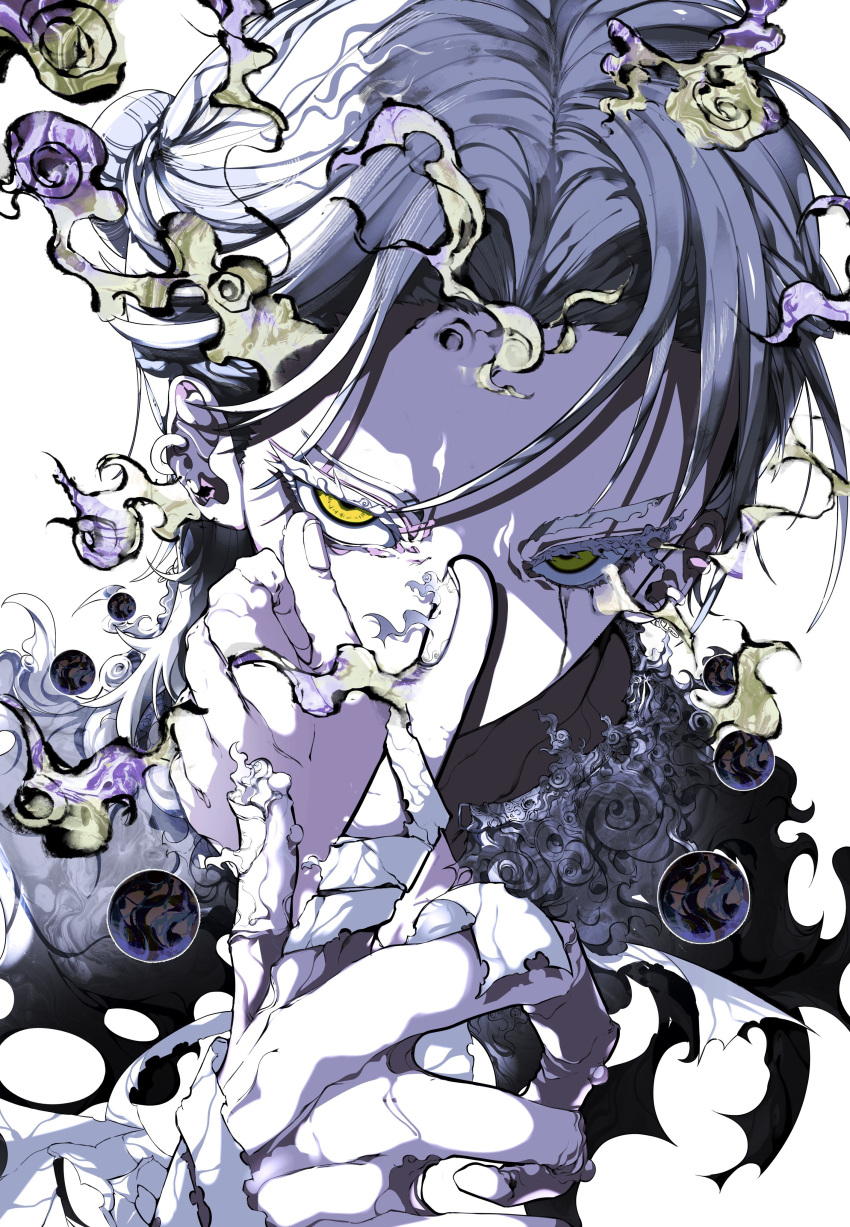 1boy, absurdres, bandaged_hand, bandages, black_shirt, colored_skin, expressionless, fading