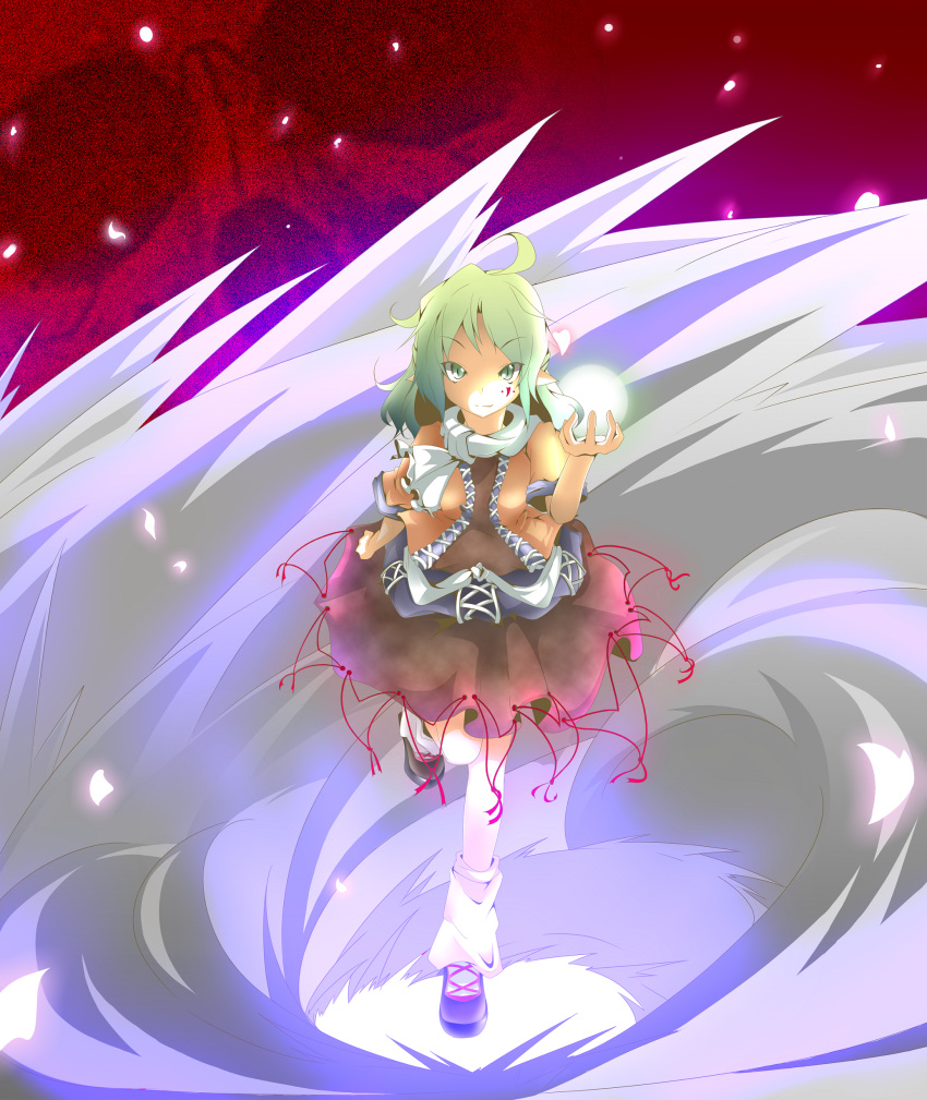 blonde_hair, elf, facial_mark, glowing, green_eyes, highres, mizuhashi_parsee, petals