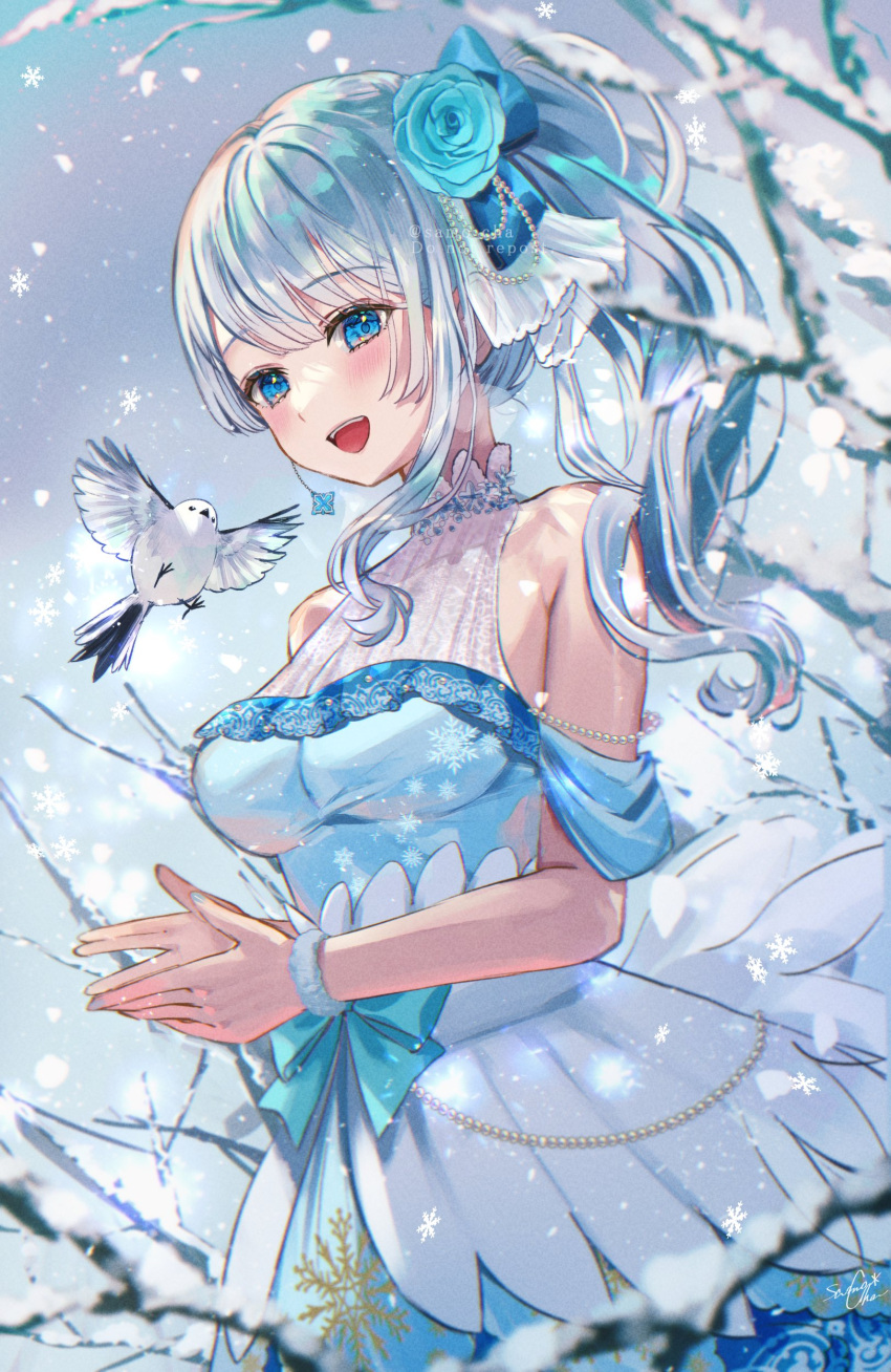 1girl, absurdres, bird, blue_dress, blue_eyes, blue_nails, blush, commission