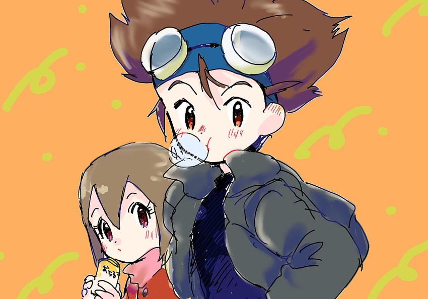 1boy, 1girl, blush, brother_and_sister, brown_hair, bubble_gun, digimon, digimon_adventure