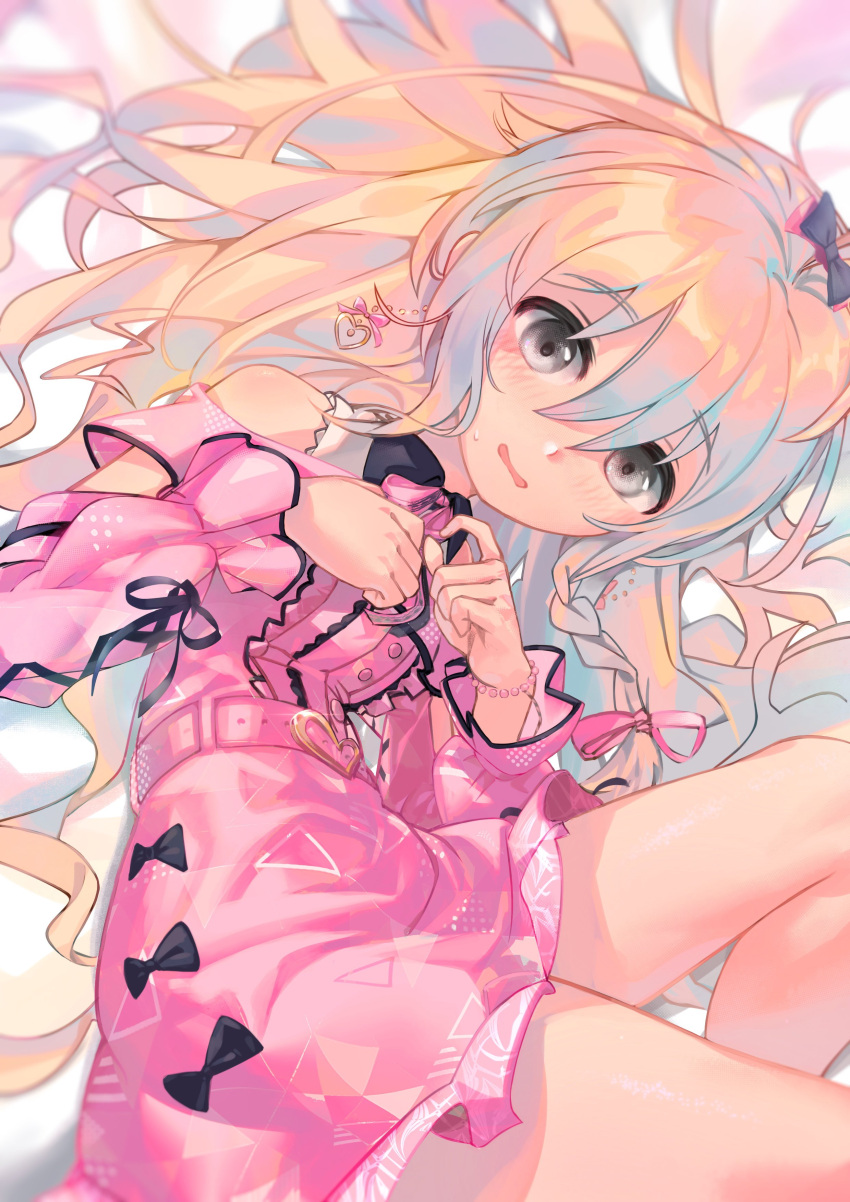 1girl, absurdres, ahoge, bare_shoulders, bow, bracelet, collared_dress, dress
