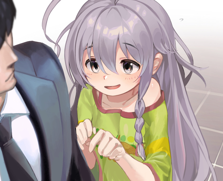 1boy, 1girl, absurdres, ahoge, black_hair, blush, braid, collared_shirt