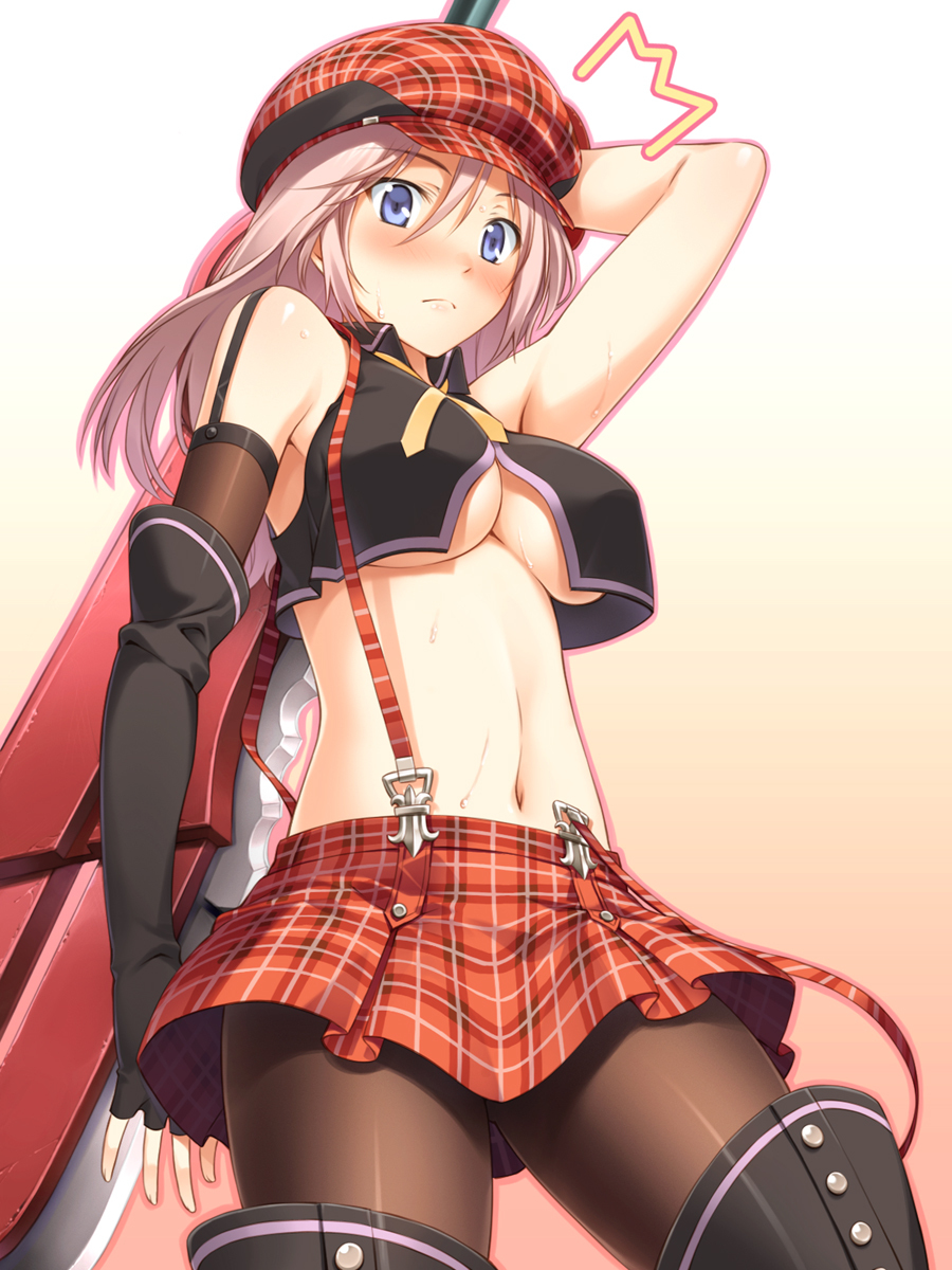 1girl, alisa_ilinichina_amiella, arisa_iriinchina_amieera, arm_up, armpits, black_legwear, blue_eyes, blush, boots, breasts, elbow_gloves, face, fingerless_gloves, gloves, god_eater, god_eater_burst, hat, highres, huge_weapon, looking_down, midriff, navel, pantyhose, pink_hair, skirt, solo, suspenders, sweat, sword, thigh-highs, thigh_boots, thighhighs, under_boob, underboob, weapon, yanagi_(tsukiakari)