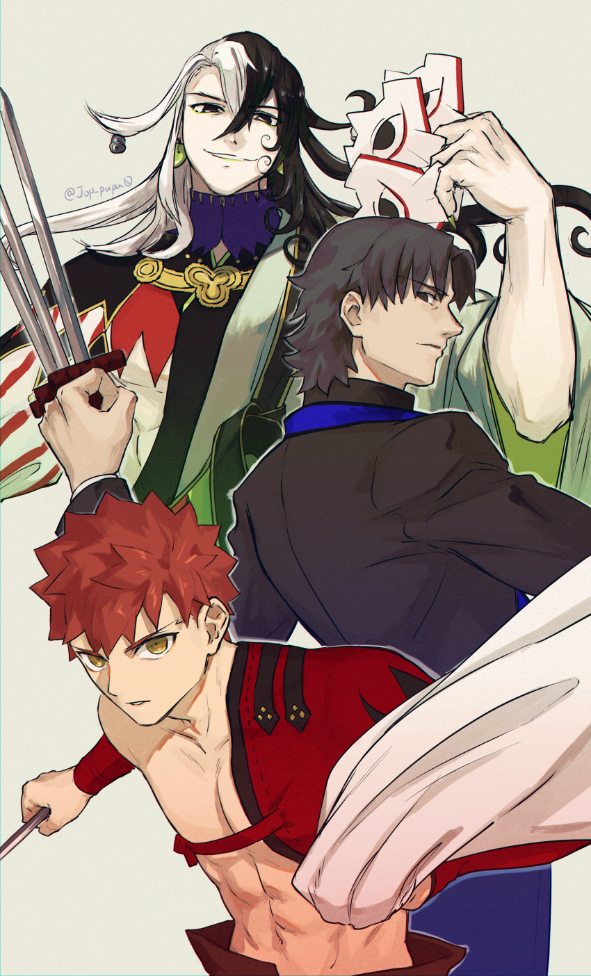 3boys, abs, absurdres, ashiya_douman_(fate), asymmetrical_clothes, asymmetrical_hair, battle, black_eyes