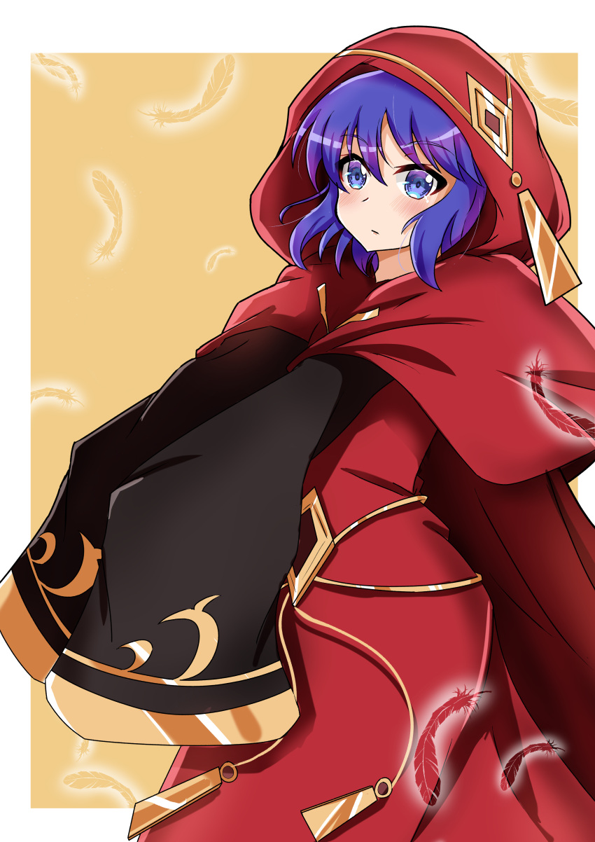 1girl, absurdres, bakuma, blue_eyes, blue_hair, duel_monster, falling_feathers, highres, hood, hood_up, horns, light_blush, long_sleeves, medium_hair, novox_the_silenforcer_disciple, outstretched_hand, red_horns, robe, sleeves_past_wrists, solo, wide_sleeves, yu-gi-oh!