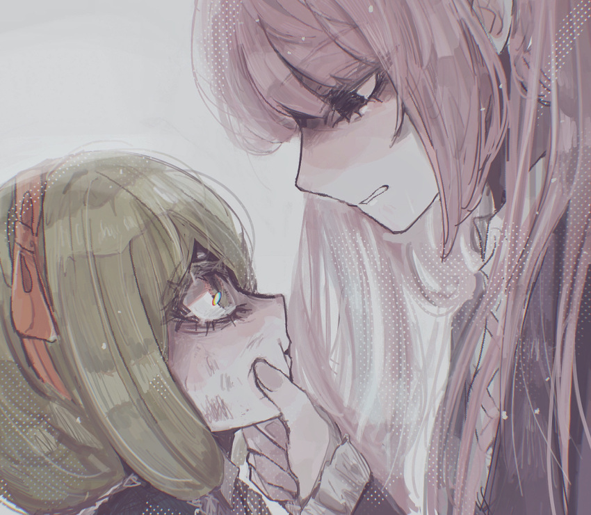 2girls, black_jacket, bruise, bruise_on_face, clenched_teeth, danganronpa:_trigger_happy_havoc, danganronpa_(series), eye_contact