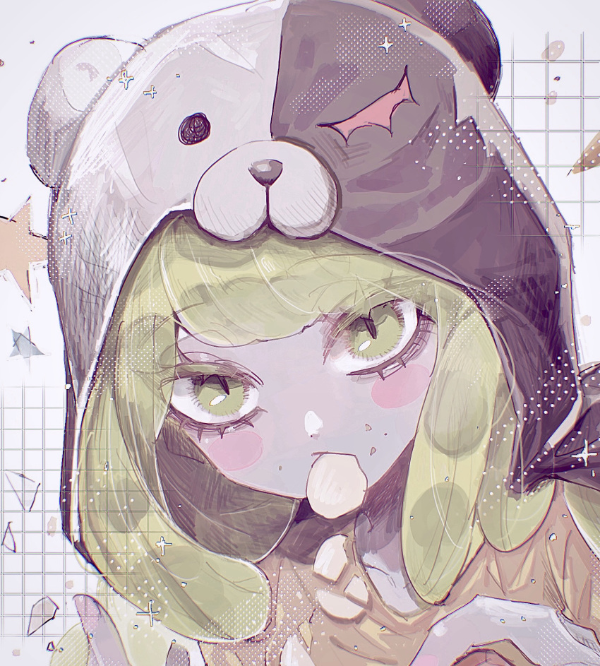 1girl, blush_stickers, collarbone, cosplay, danganronpa:_trigger_happy_havoc, danganronpa_(series), eating, food