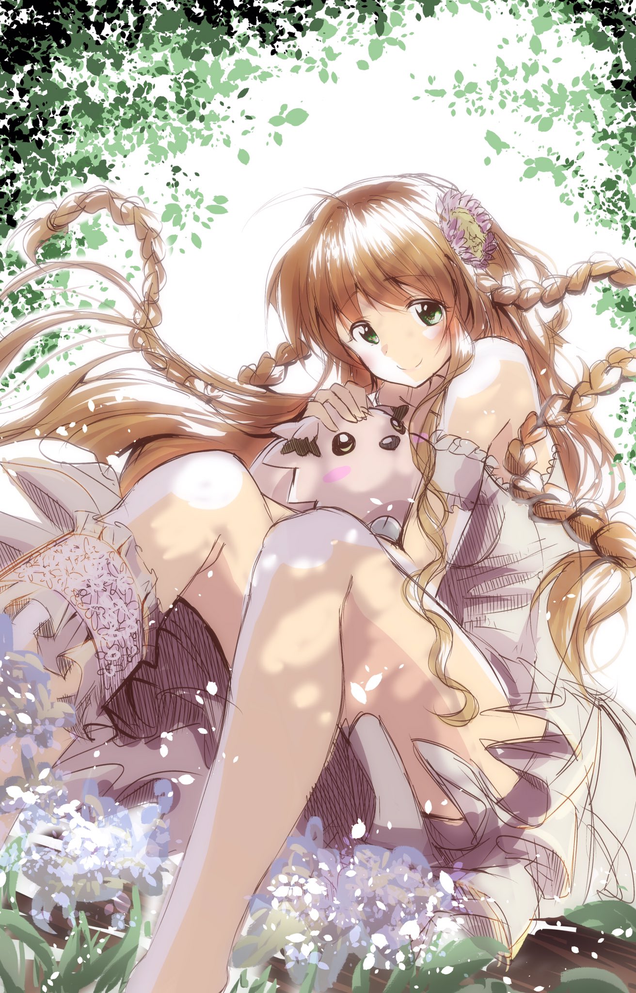 1girl, ahoge, alternate_costume, animal_hug, bare_shoulders, blush, blush_stickers, braid