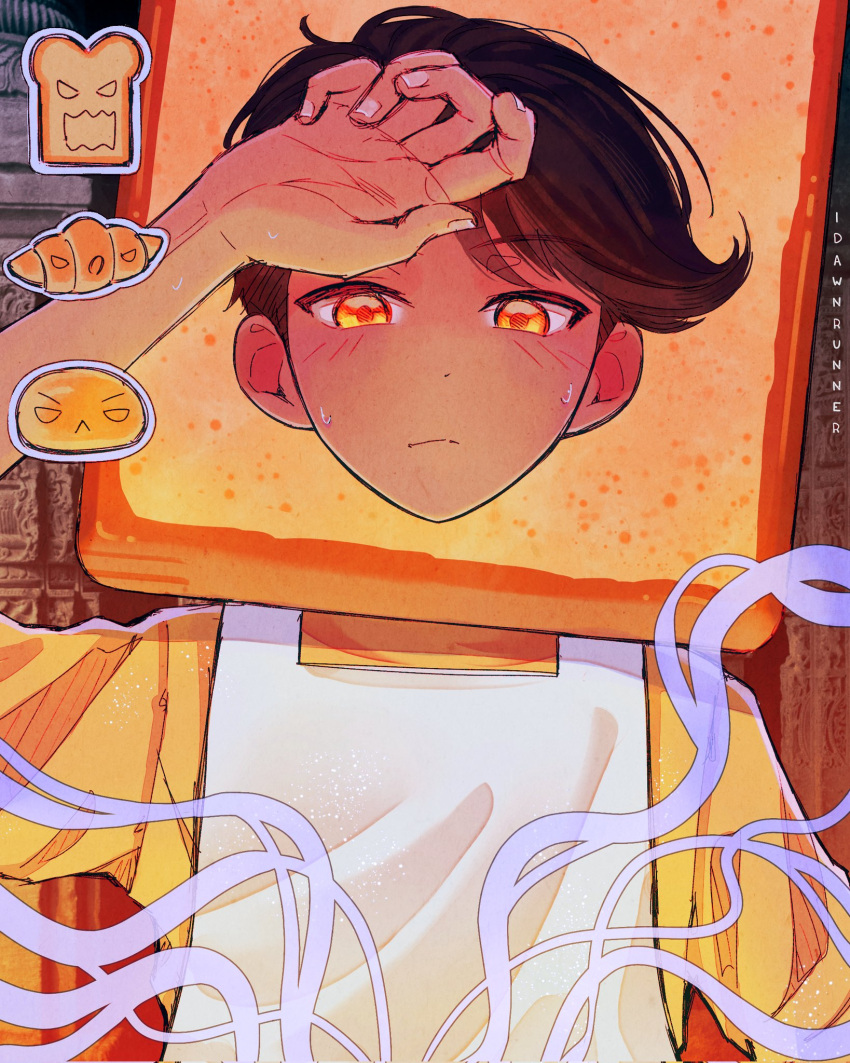 1boy, apron, arm_up, biscuit_(omori), black_hair, blush, bread, dark-skinned_male, dark_skin, food, highres, idawnrunner, omori, orange_eyes, sesame_(omori), shirt, short_hair, slice_(omori), sourdough_(omori), sweat, white_apron, yellow_shirt