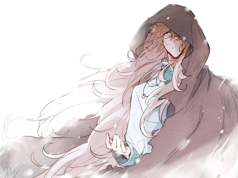 1boy, brown_robe, chaldea_uniform, coat, fate/grand_order, fate_(series), green_eyes, hair_over_one_eye, high_collar, hood, hood_up, jewelry, long_hair, long_sleeves, looking_at_viewer, male_focus, necklace, orange_hair, paper_texture, parted_lips, ring_necklace, robe, romani_archaman, ruoyin, simple_background, snow, solo, torn_clothes, torn_robe, very_long_hair, white_background, white_coat