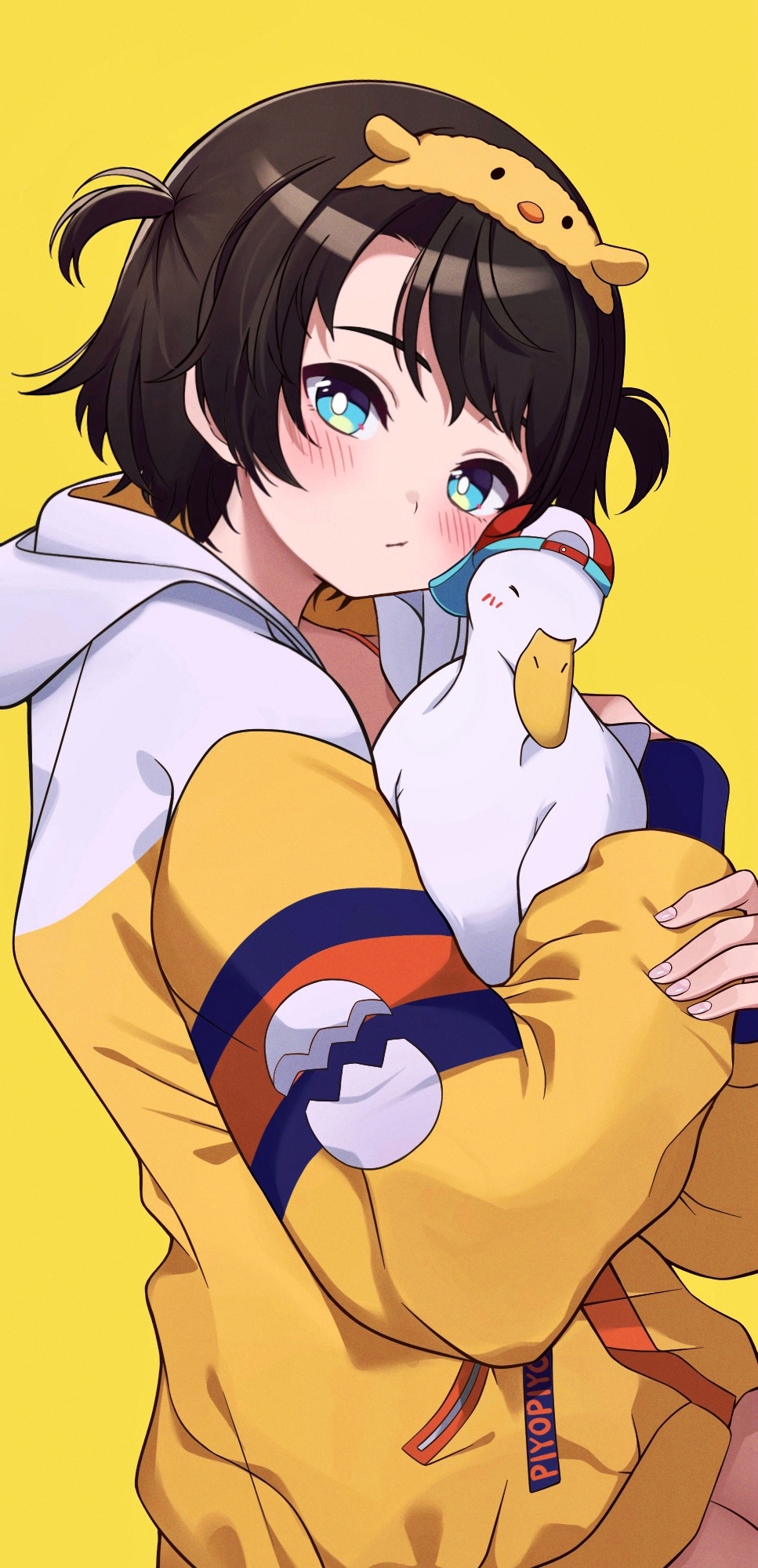 1girl, animal, backwards_hat, bird, black_hair, blue_eyes, blush, bra_strap