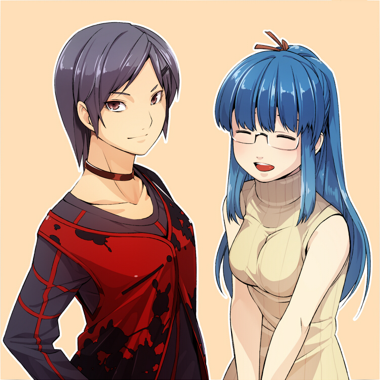 black_hair, blue_hair, brown_eyes, choker, closed_eyes, glasses, long_hair, multiple_girls