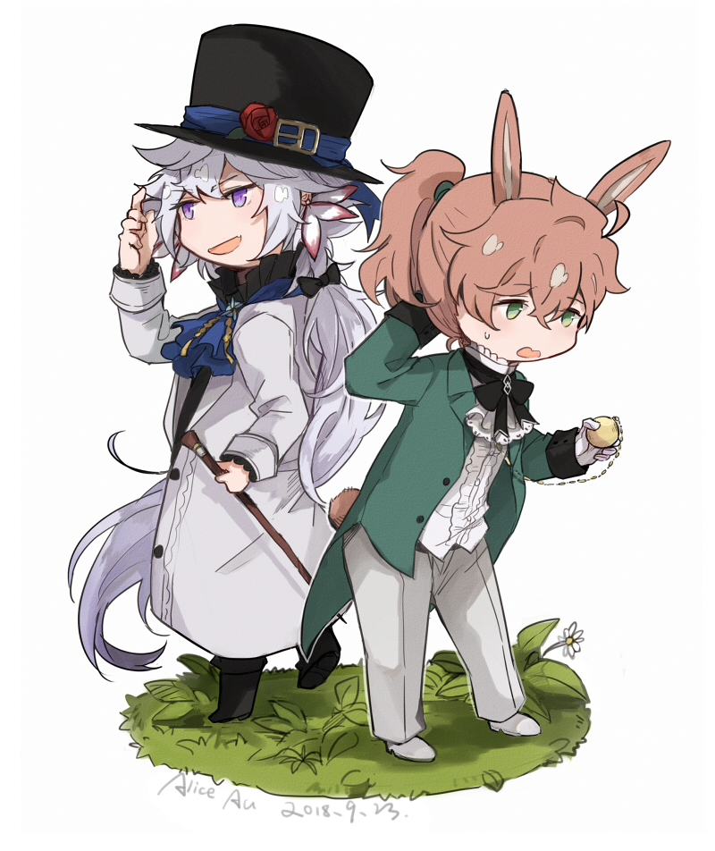 2boys, :d, alice_in_wonderland, animal_ears, ascot, black_bow, black_footwear, blue_ascot