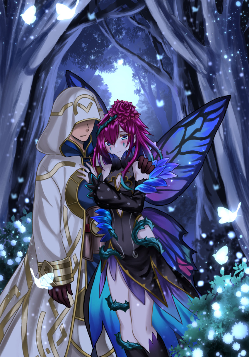 1boy, 1girl, 74, bare_shoulders, blue_eyes, commission, couple, fairy