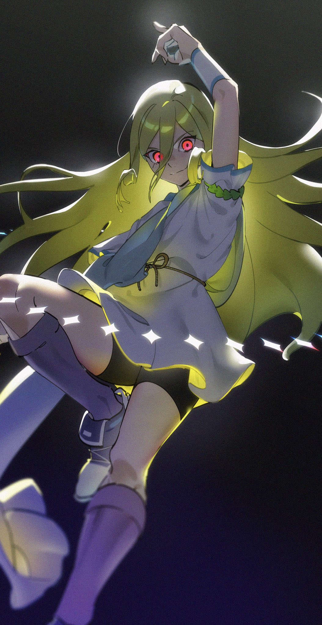 1boy, afuro_terumi, androgynous, arm_up, armband, black_shorts, blonde_hair, closed_mouth