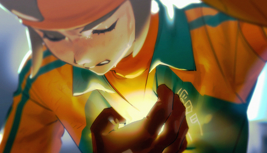 1boy, arm_up, blurry, brown_gloves, brown_hair, clenched_teeth, closed_eyes, clothes_grab
