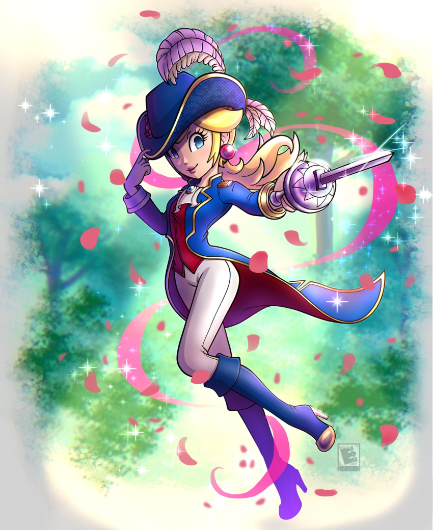 1girl, amyroser, artist_logo, ascot, blonde_hair, blue_eyes, blue_footwear, blue_headwear