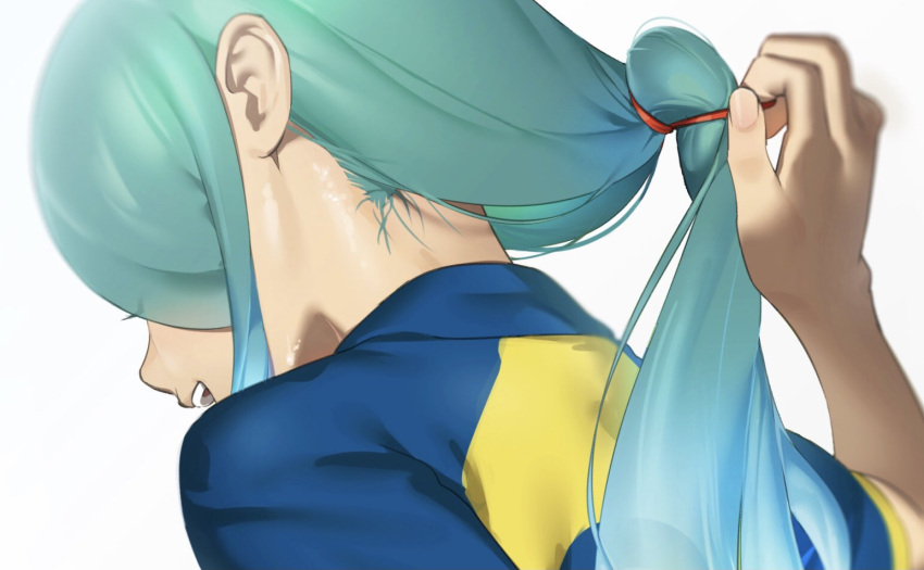 1boy, aqua_hair, blurry, close-up, commentary, depth_of_field, dutch_angle, from_behind