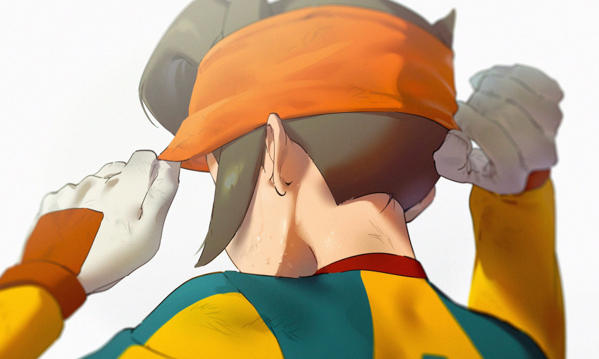 1boy, adjusting_clothes, adjusting_headwear, blurry, brown_hair, close-up, depth_of_field, endou_haru