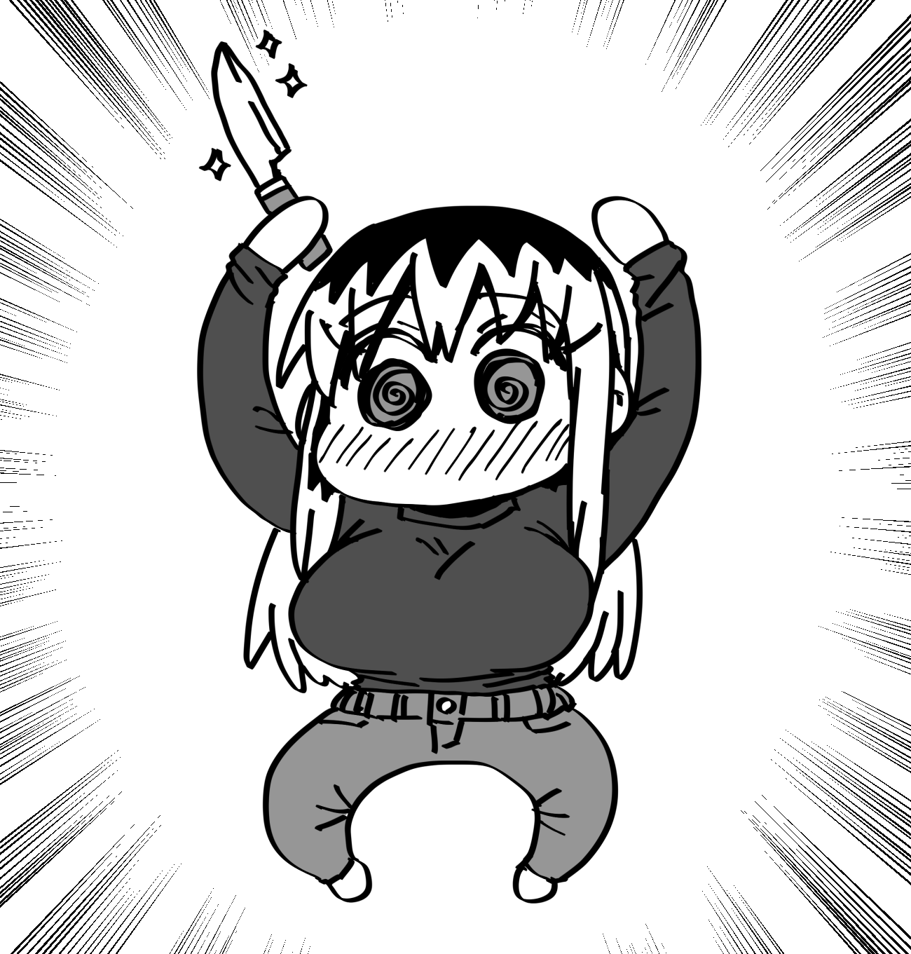 1girl, @_@, arms_up, black_hair, blush, breasts, chibi, denim, grey_eyes, grey_shirt, highres, holding, holding_knife, huge_breasts, jeans, kinjo_no_hito_no_nakimushi, knife, long_hair, long_sleeves, monochrome, multicolored_hair, no_fingers, no_toes, ochiai_(kinjo_no_hito_no_nakimushi), pants, roots_(hair), shirt, sparkle, spread_legs, thighs, two-tone_hair, zyugoya