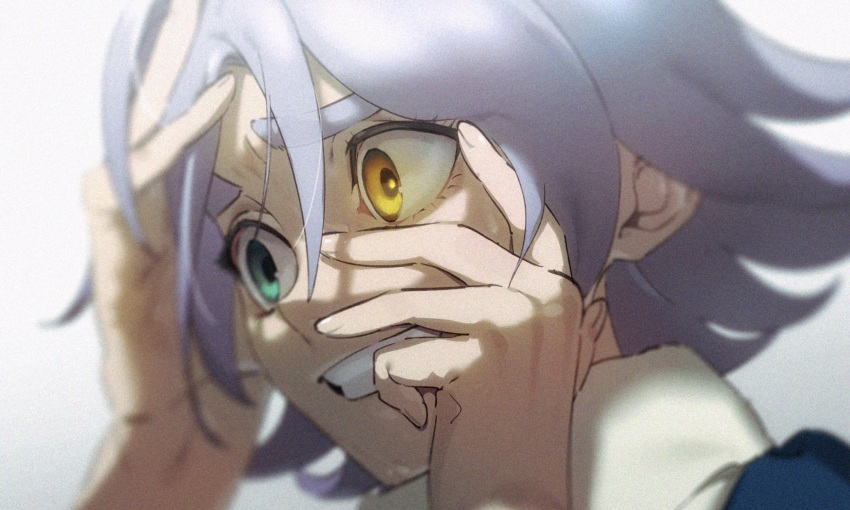 1boy, aqua_eyes, blurry, clenched_teeth, close-up, commentary, depth_of_field, fubuki_shirou
